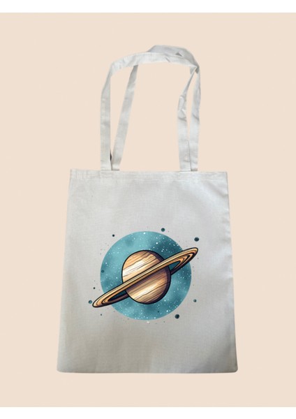 Satürn Baskılı Bez Çanta - Büyük Boy Kadın Omuz Çantası