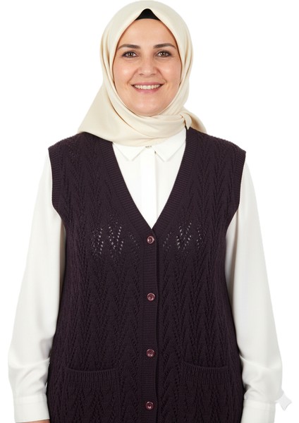 Kadın Kışlık Pamuklu Triko Klasik Örme Anne Yelek Düğmeli Çift Cepli Rahat Kesim Likralı