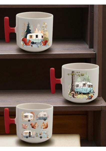 Sincap ve Karavan Baskılı Seramik 3'lü Kahve Kupası Kupa Bardak - Kupa Baskı, Baskılı Kupa
