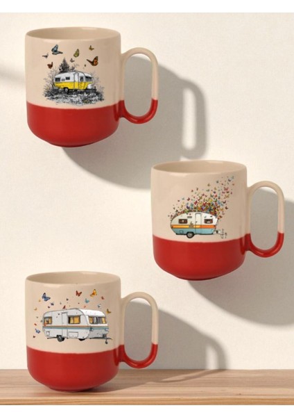 Kelebek ve Karavan Baskılı Kırmızı Tabanlı 3'lü Kupa Bardak - Su Bardakları, Kişiye Özel Kupa