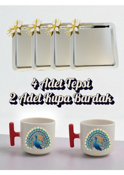 4'lü Papatyalı Tepsi Kahve Sunum Tepsisi 21X21 cm - 2'li Tavus Kuşulu Kırmızı Kulplu Kahve Bardağı