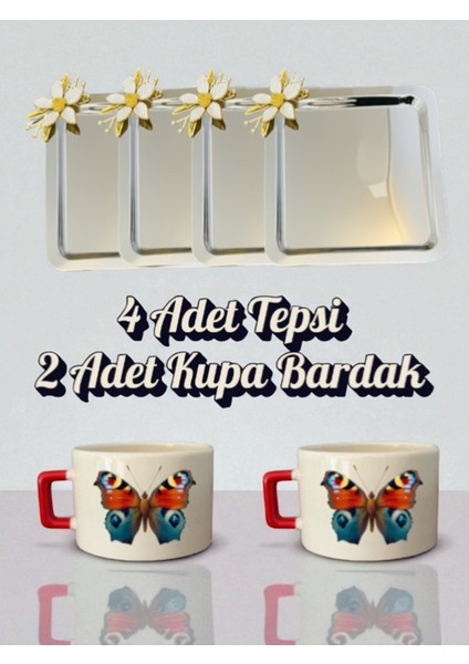 4'lü Papatyalı Tepsi Kahve Sunum Tepsisi 21X21 cm - 2'li Kelebekli Küçük Kahve Bardağı Kupa