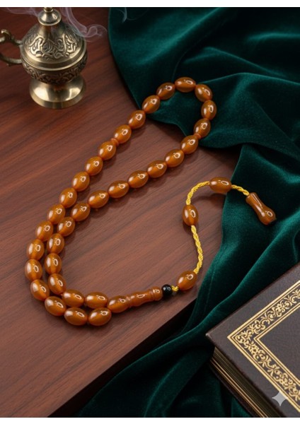 Beyzi Kesim Sarı Renkli Sıkma Çubuk Kehribar Tesbih