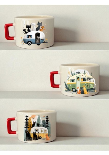 Kediler ve Karavan Baskılı 3'lü Seramik Kupa Bardak - Ev Mutfak Ofis Işyeri Hediyesi Eşyası