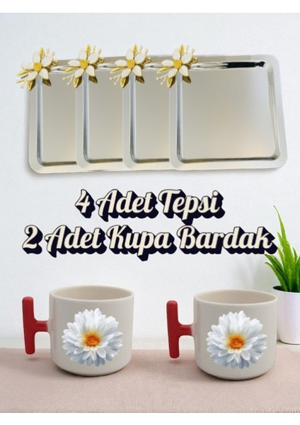 4'lü Papatyalı Tepsi Kahve Sunum Tepsisi 21X21 cm - 2'li Papatyalı Kırmızı Kulplu Kahve Bardağı
