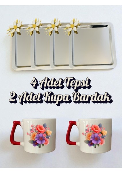 4'lü Papatyalı Tepsi Kahve Sunum Tepsisi 21X21 cm 2'li Çiçekli Kahve Bardağı Kupa Bardak