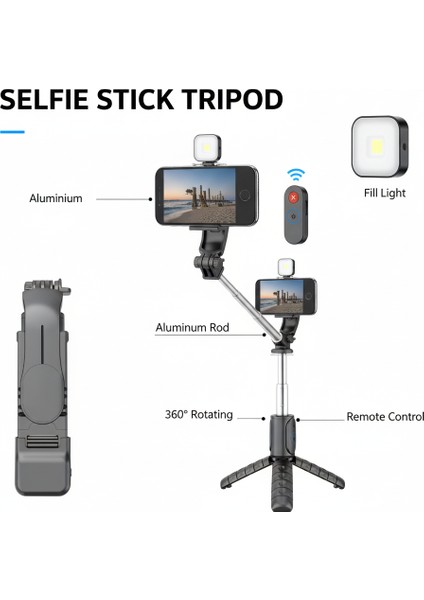 Premium Tek Işıklı Selfie Tripod(Pro Vlogger Set)Tripod + Selfie Çubuk + Uzun Ayak,dimmelı Led(Siyah fırsatları