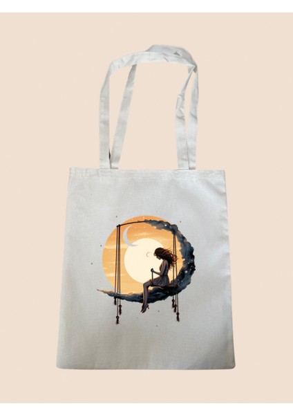 Ayda Sallanan Kız Baskılı Bez Çanta - Büyük Boy Kadın Omuz Çantası