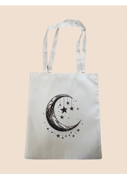 Siyah Ay ve Yıldız Baskılı Bez Çanta - Büyük Boy Kadın Omuz Çantası