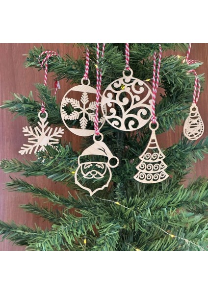 Buffer® 6 Parça Kırmızı Beyaz Ipli Noel Babalı ve Kar Tanesi Model Ahşap Yılbaşı Ağaç Süsü