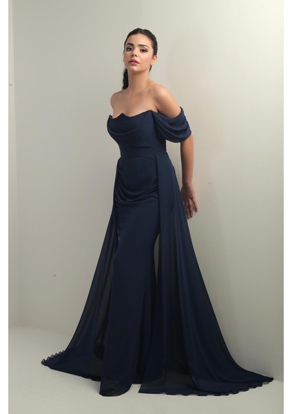 Kadın Düşük Kollu Balenli Astarlı Pelerinli Şifon Uzun Elbise indirimleri