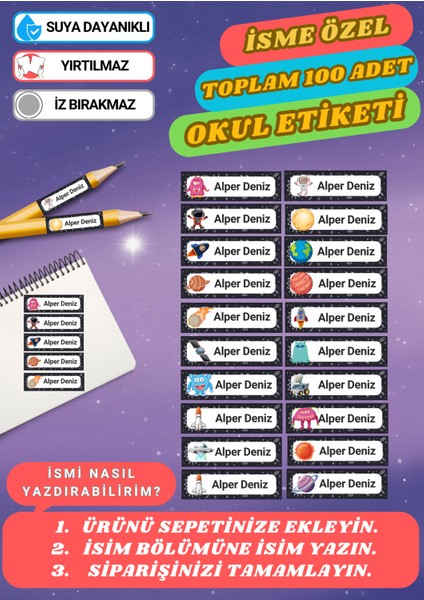 Uzaylı Temalı Okul Etiketi Defter Etiketi Kalem Etiketi Kişiye Özel Suya Dayanıklı Isimli -06-