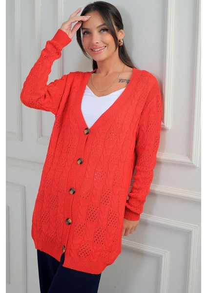 Kadın V Yaka Önü Düğmeli Rahat Kalıp Merserize Hırka