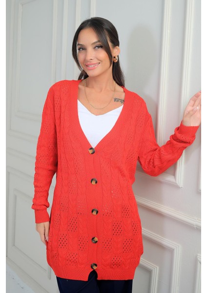 Kadın V Yaka Önü Düğmeli Rahat Kalıp Merserize Hırka fiyatları