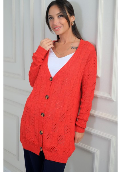 Kadın V Yaka Önü Düğmeli Rahat Kalıp Merserize Hırka modelleri