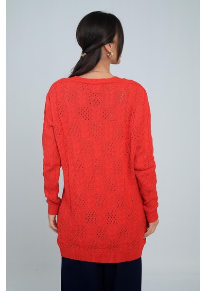 Kadın V Yaka Önü Düğmeli Rahat Kalıp Merserize Hırka fırsatları