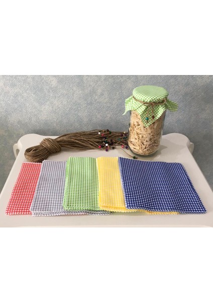 50 Adet Karışık Renkli Pötikare Kavanoz Kapağı Kumaşı (Örtüsü) ve Boncuklu Bağlama Ipi
