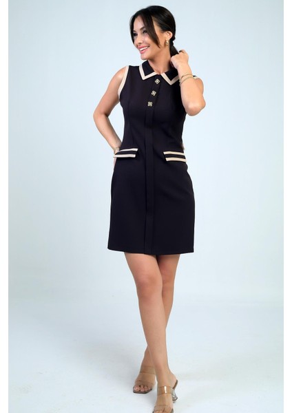 Kadın Metal Düğme Detaylı Garni Biyeli Kısa Elbise