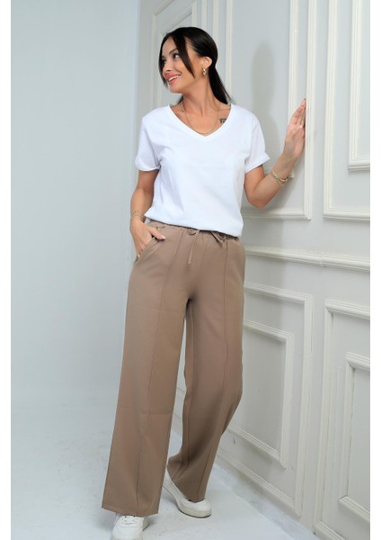 Kadın Beli Lastikli Bağcıklı Yandan Cepli Palazzo Pantolon