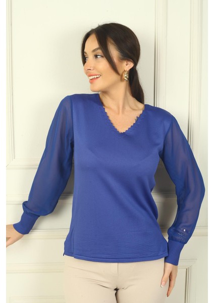 Kadın Merdiven V Yaka Kolları Şifon Kazak