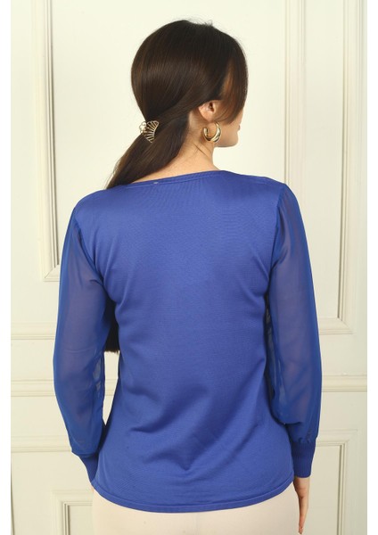 Kadın Merdiven V Yaka Kolları Şifon Kazak