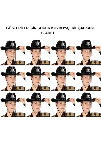 Kovboy Şerif Şapkası Siyah 12 Adet - Kostüm, Parti ve Gösteri Şapkası