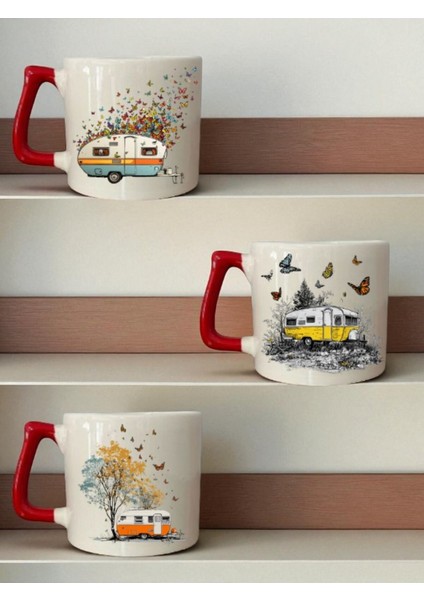 Kelebekler ve Karavan Baskılı 3'lü Seramik Kırmızı Kulplu Kupa Bardak - Ev Mutfak Ofis Işyeri Eşyası