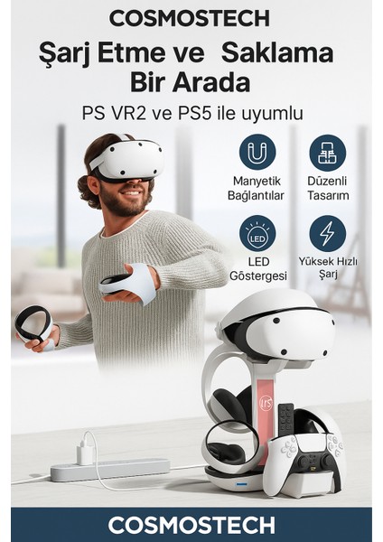 Ps5 Vr2 Sanal Gerçeklik Gözlüğü Uyumlu Şarj Standı – Hızlı Şarj Istasyonu, Kulaklık & Vr gözlük aparatlı