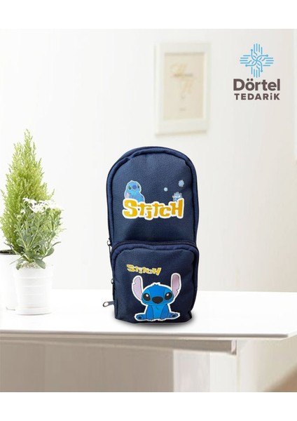 Stitch Baskılı Kalem Çantası Lacivert Geniş Hazneli Çok Bölmeli Kalem Kutu