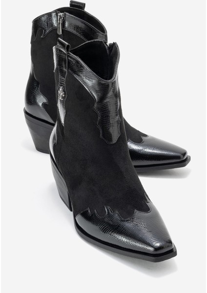 Loel Siyah Süet Siyah Desenli Kadın Kalın Topuklu Western Bot