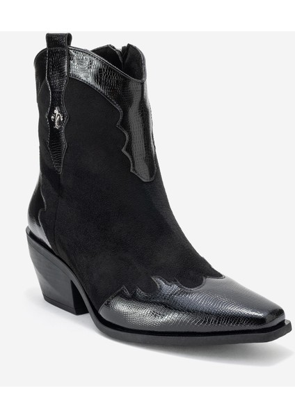 Loel Siyah Süet Siyah Desenli Kadın Kalın Topuklu Western Bot modelleri