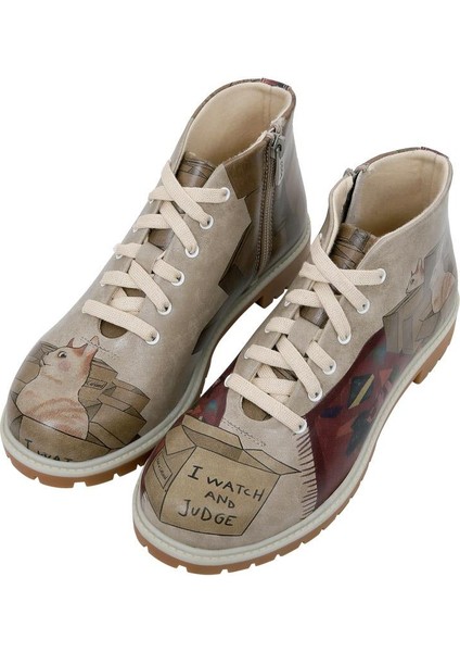 Kadın Vegan Deri Bej Fermuarlı Kısa Bot - I Watch And Judge Tasarım