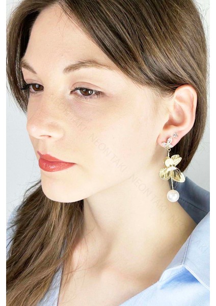 İnci Sallantılı, Çelik Çiçek Küpe 639, Altın Renk indirimleri