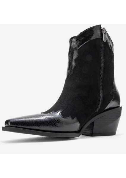 Loel Siyah Süet Siyah Desenli Kadın Kalın Topuklu Western Bot fırsatları