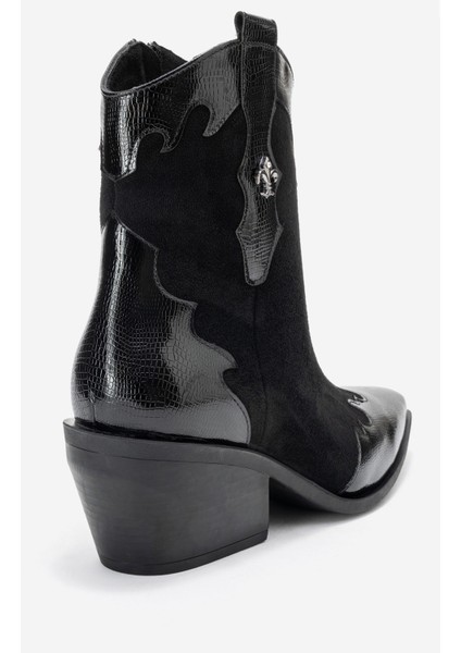 Loel Siyah Süet Siyah Desenli Kadın Kalın Topuklu Western Bot indirimleri