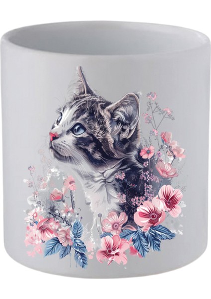 Çiçekli Kedi Baskılı Kulpsuz Kupa Bardak - Hediye Kahve Kupası, Su Bardağı