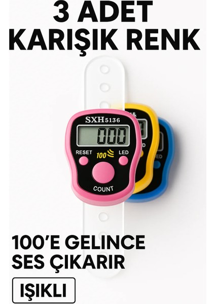 3 Adet Karışık Renk Sesli Işıklı Dijital Zikirmatik – Yüzük Tesbih Sayaç – 100’DE Alarm Özellikli