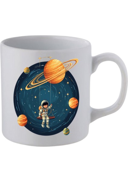 Uzaydaki Çocuk Baskılı Beyaz Kupa Bardak - Seramik Çay, Kahve Hediyelik Bardağı