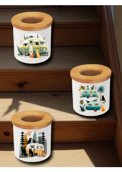 Kediler ve Karavan Baskılı 3'lü Masaüstü Kalemlik Kalem Kutusu - Ev Mutfak Ofis Işyeri Eşyası