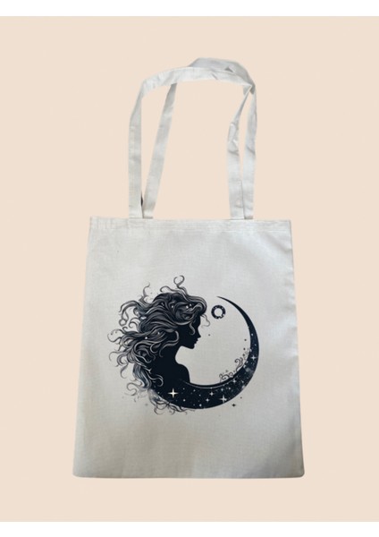 Kadın ve Ay Temalı Baskılı Bez Çanta - Büyük Boy Kadın Omuz Çantası