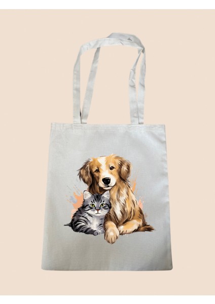 Kedi ve Köpek Teması Baskılı Bez Çanta - Büyük Boy Kadın Omuz Çantası