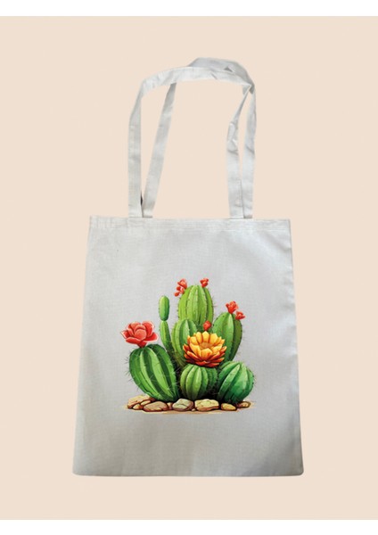 Kaktüs Baskılı Bez Çanta - Büyük Boy Kadın Omuz Çantası