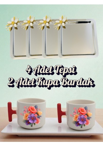 4'lü Papatyalı Tepsi Kahve Sunum Tepsisi 21X21 cm - 2'li Çiçekli Kırmızı Kulplu Kahve Bardağı