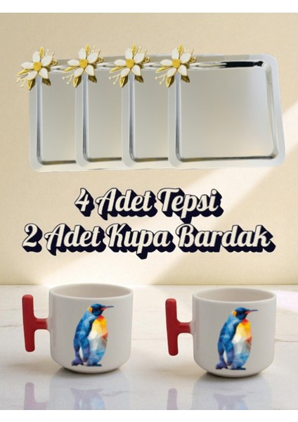 4'lü Papatyalı Tepsi Kahve Sunum Tepsisi 21X21 cm - 2'li Penguenli Kırmızı Kulplu Kahve Bardağı