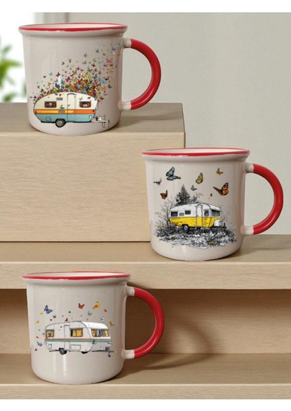 Kelebekler ve Karavan Baskılı 3'lü Seramik Ağzı Kırmızı Kupa Bardak - Ev Mutfak Ofis Işyeri Eşyası