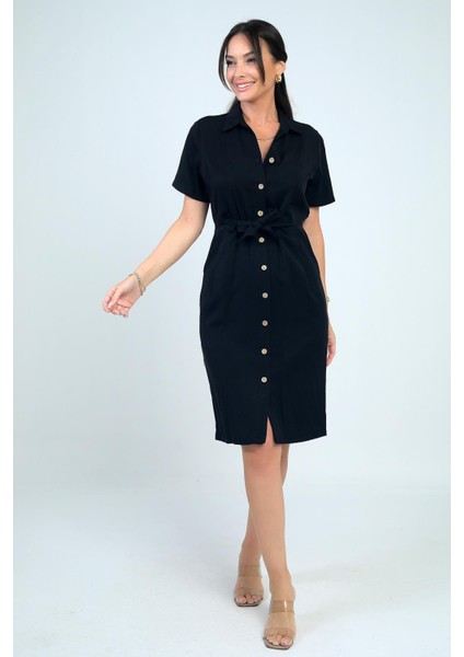 Kadın Ön Bağlamalı Cepli Önü Düğmeli Astarlı Kısa Lyocell Elbise