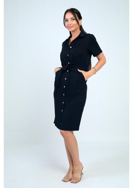 Kadın Ön Bağlamalı Cepli Önü Düğmeli Astarlı Kısa Lyocell Elbise modelleri