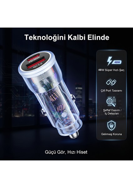 BR01 48W Şeffaf Araç Şarj Cihazı | Pd & Qc 3.0 Destekli, Çift USB Hızlı Şarj