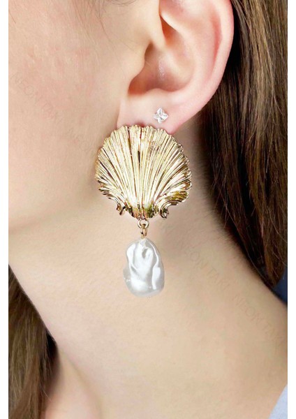 İnci Detaylı, İstiridye Küpe 637, Altın Renk fırsatları