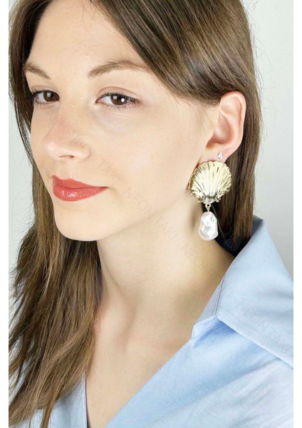 İnci Detaylı, İstiridye Küpe 637, Altın Renk indirimleri